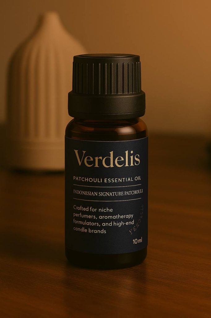 Verdelis Patchouli Oil bottle product shot on wooden background